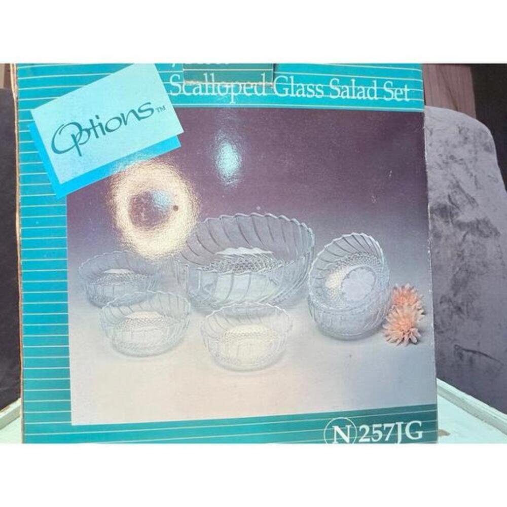 Options™ Scalloped Glass Salad Bowl Set 7 Pc Daisy Pressed Glass NIB
